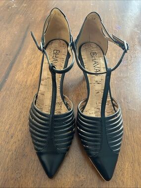 Black T-Strap Pointed Toe Women's Heels
